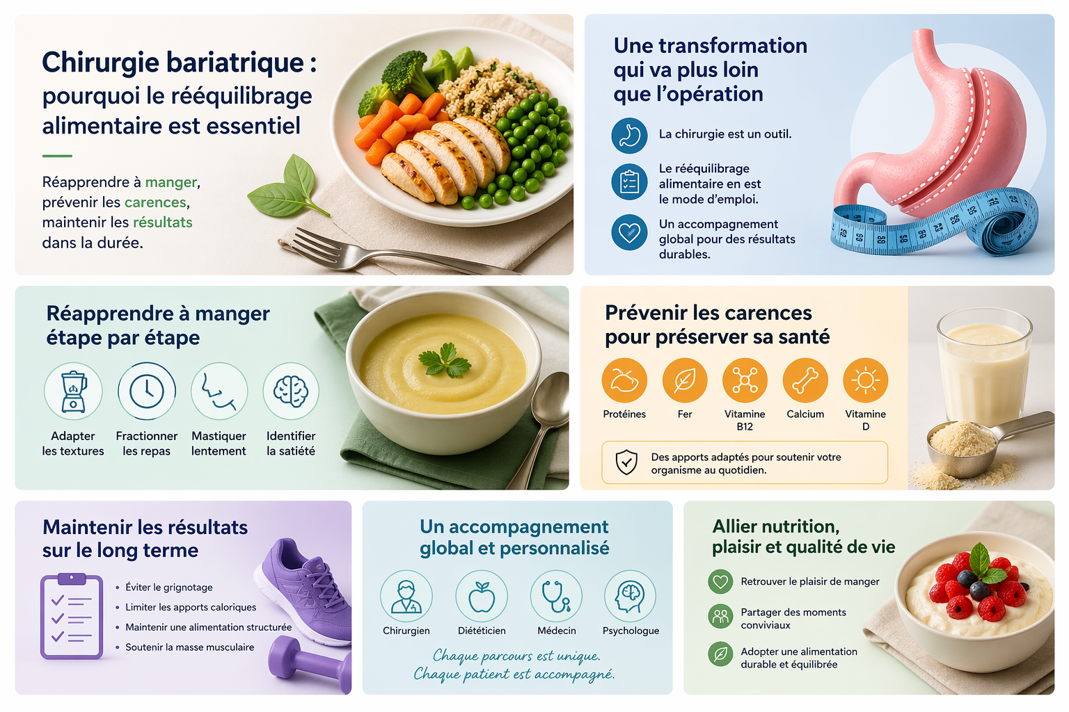 Infographie sur le rééquilibrage alimentaire après une chirurgie bariatrique